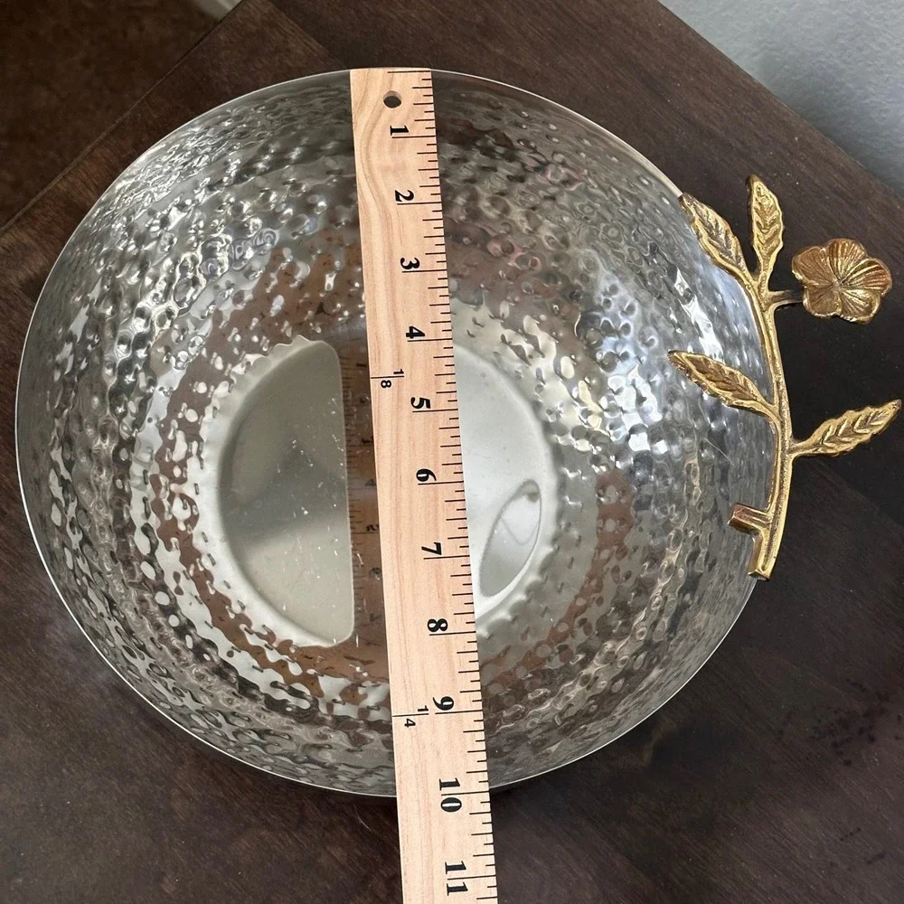 Hammered Silver Metal Serving Bowl with Gold Floral Branch Handle Made in India
